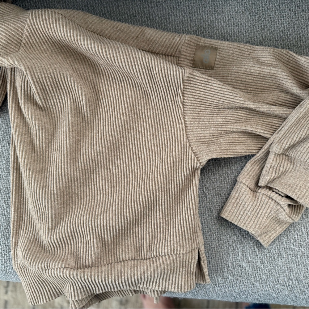 ALO ribbed muse hoodie, tan, large, worn twice